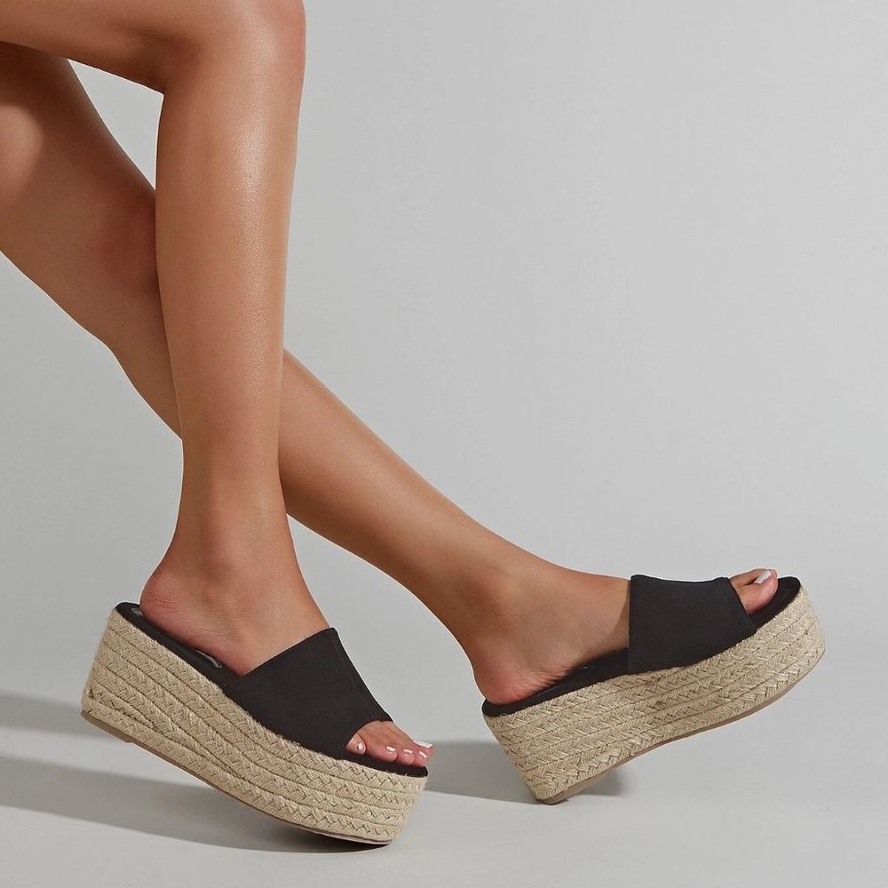 💛🖤 Espadrille Platform Wedge Slide Sandals Black/Tan - US 7.5